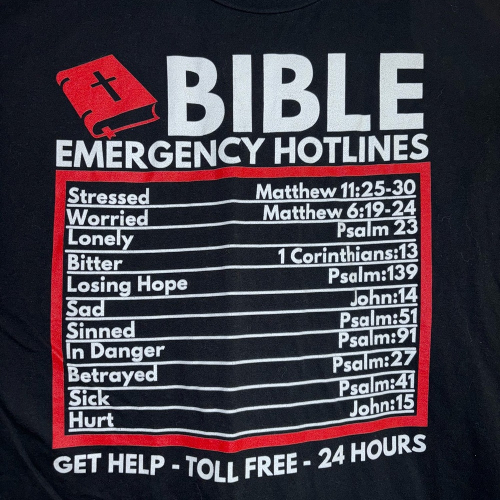 BIBLE VERSE EMERGENCY HOTLINE BLACK TEE SHIRT XL RELIGIOUS